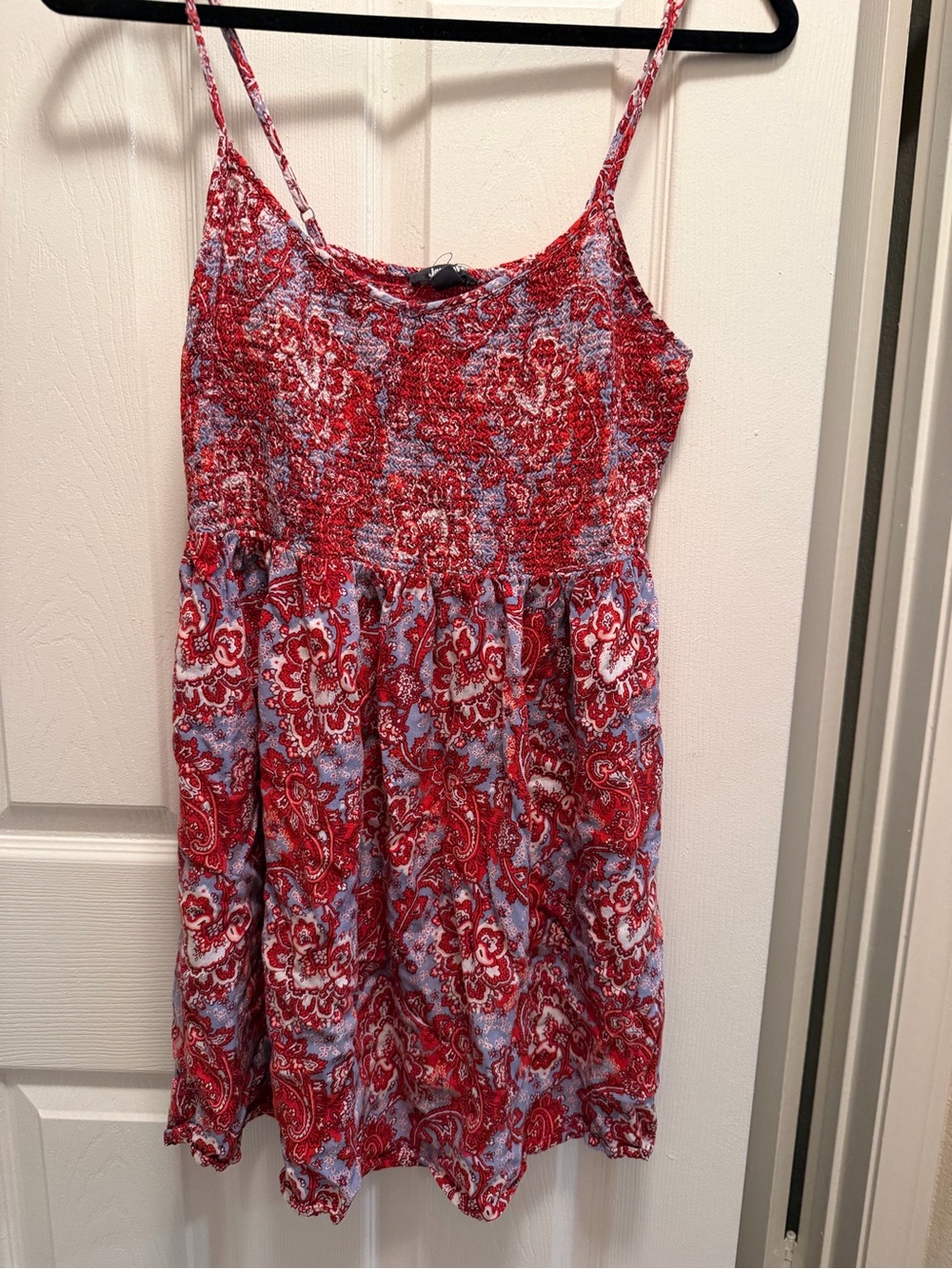 Smocked Red Floral Paisley Mini Sundress with Spaghetti Straps